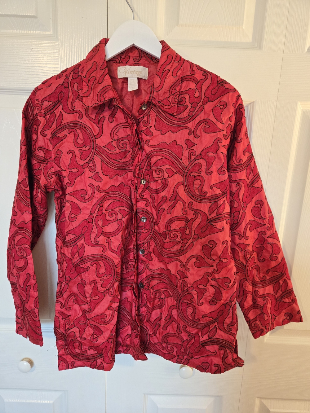 Vintage Chico's Silk Embroidered Blouse Jacket Red Black Boho Size 1